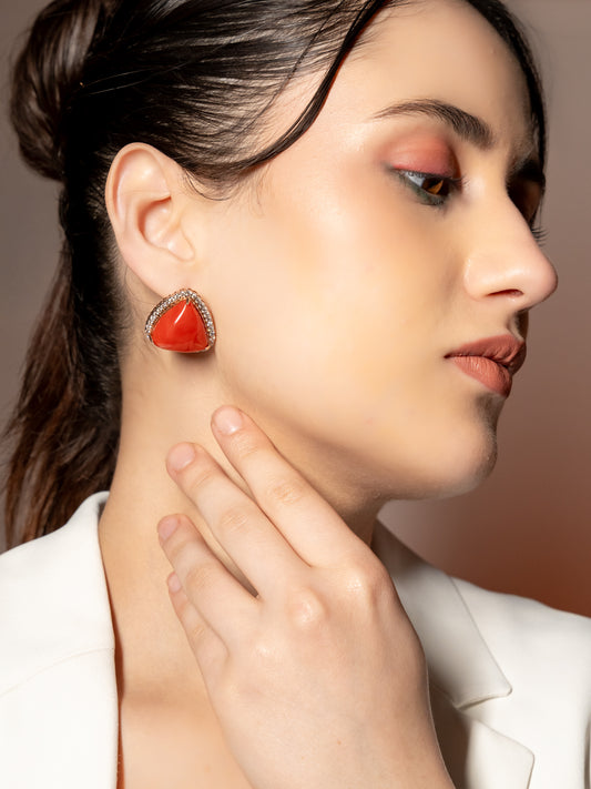 Trillion-Cut Coral and Diamond Stud Earrings