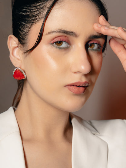 Trillion-Cut Coral and Diamond Stud Earrings