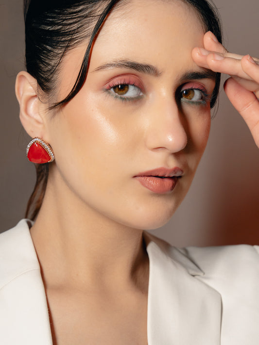 Trillion-Cut Coral and Diamond Stud Earrings