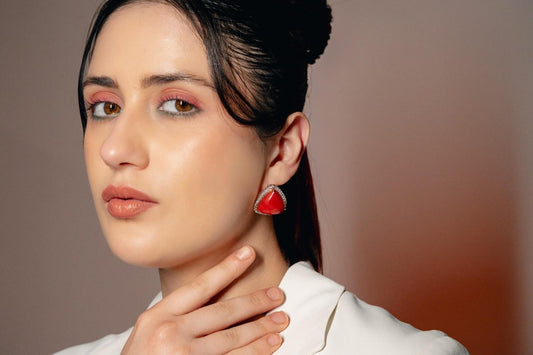Trillion-Cut Coral and Diamond Stud Earrings