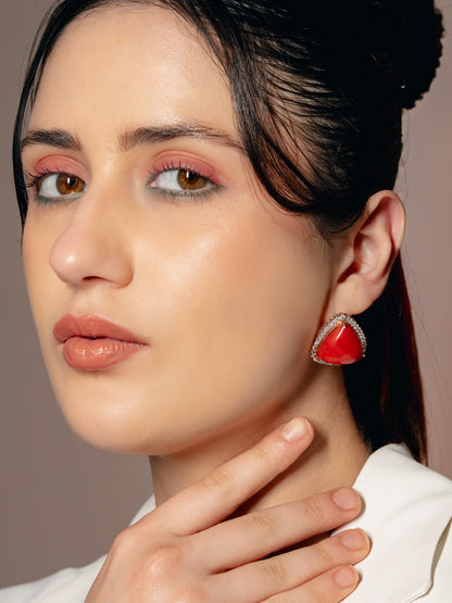 Trillion-Cut Coral and Diamond Stud Earrings